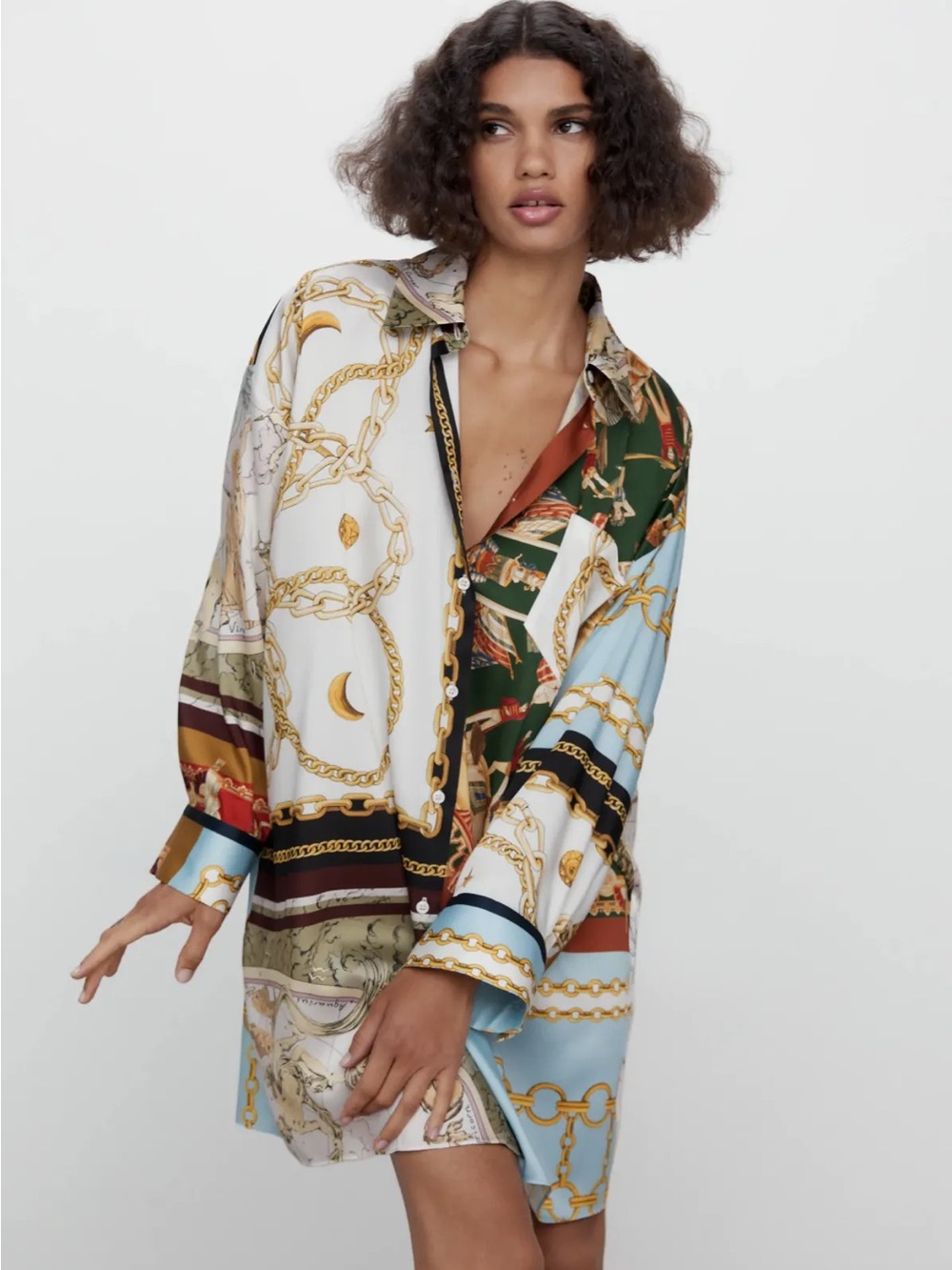 Zara Multicolor Chain-Print Shirt Dress - White, Green, Sky Blue, Brown, Gold